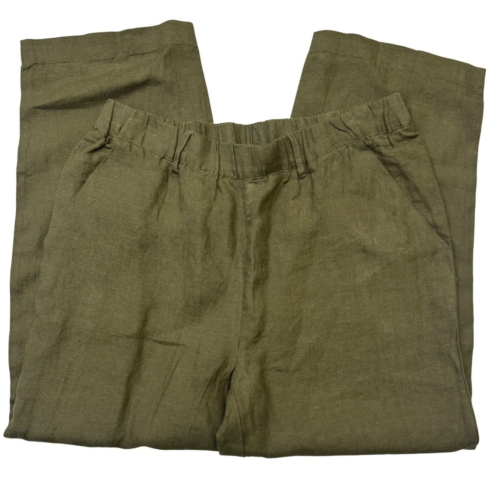 Quince Women Linen Pants M Medium Olive Green Elastic Waist Straight Leg - Picture 5 of 8